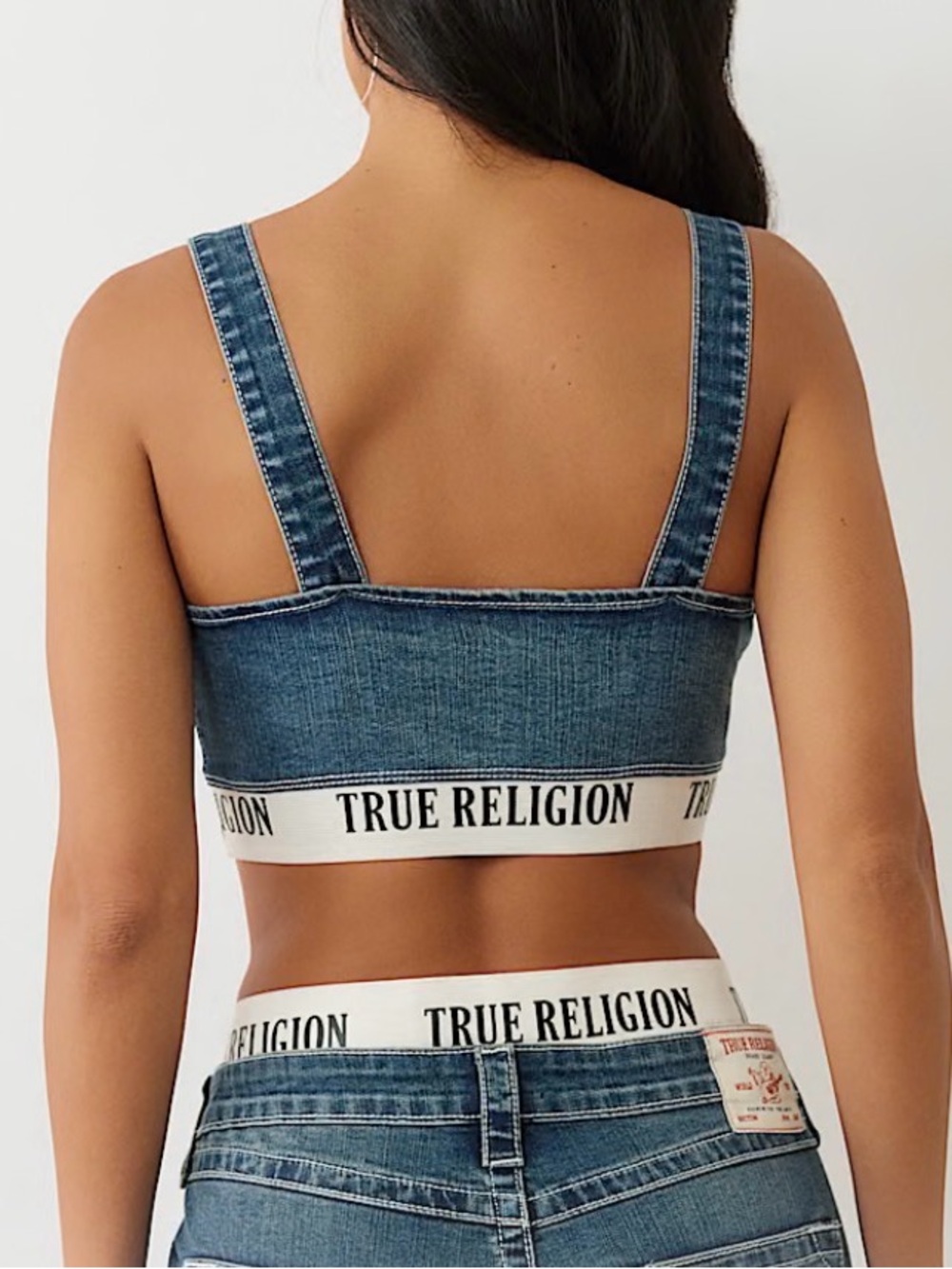 True Religion Blue Denim Bralette with Logo Band - Picture 2 of 3
